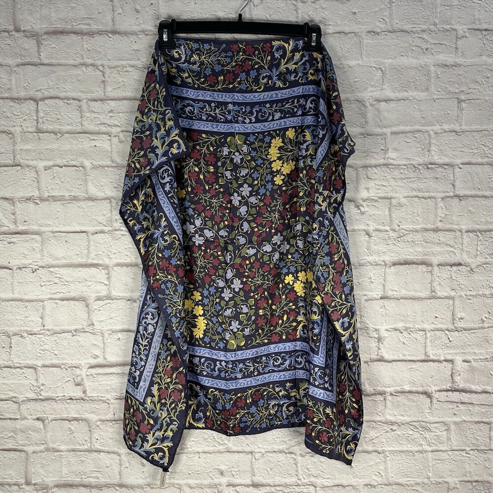 PAST TIMES Hand Printed Large Silk Scarf Satin Square Wrap Floral Vintage Boho